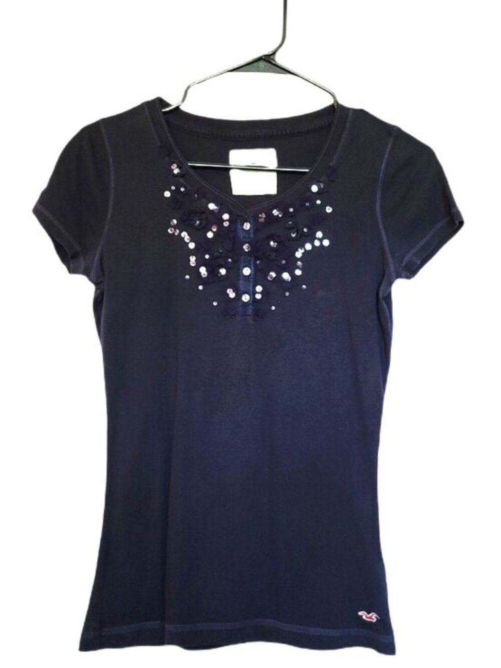 HOLLISTER Womens Navy Blue Sequin Embellished Short Sleeve Top Size Small